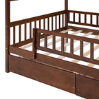 Lit plateforme pour enfants, taille standard, en forme de maison, avec 2 tiroirs, Noyer/Gris/Blanc/Naturel, pour 1 enfant