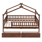 Lit plateforme pour enfants, taille standard, en forme de maison, avec 2 tiroirs, Noyer/Gris/Blanc/Naturel, pour 1 enfant