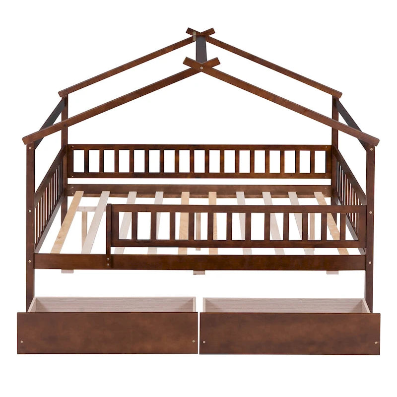 Lit plateforme pour enfants, taille standard, en forme de maison, avec 2 tiroirs, Noyer/Gris/Blanc/Naturel, pour 1 enfant