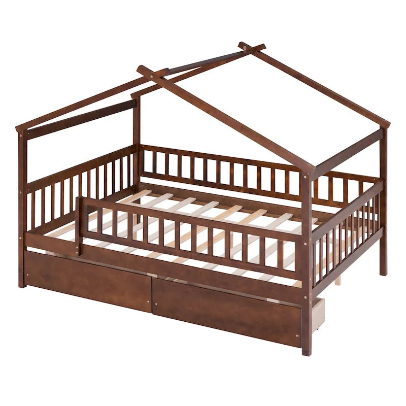 Lit plateforme pour enfants, taille standard, en forme de maison, avec 2 tiroirs, Noyer/Gris/Blanc/Naturel, pour 1 enfant