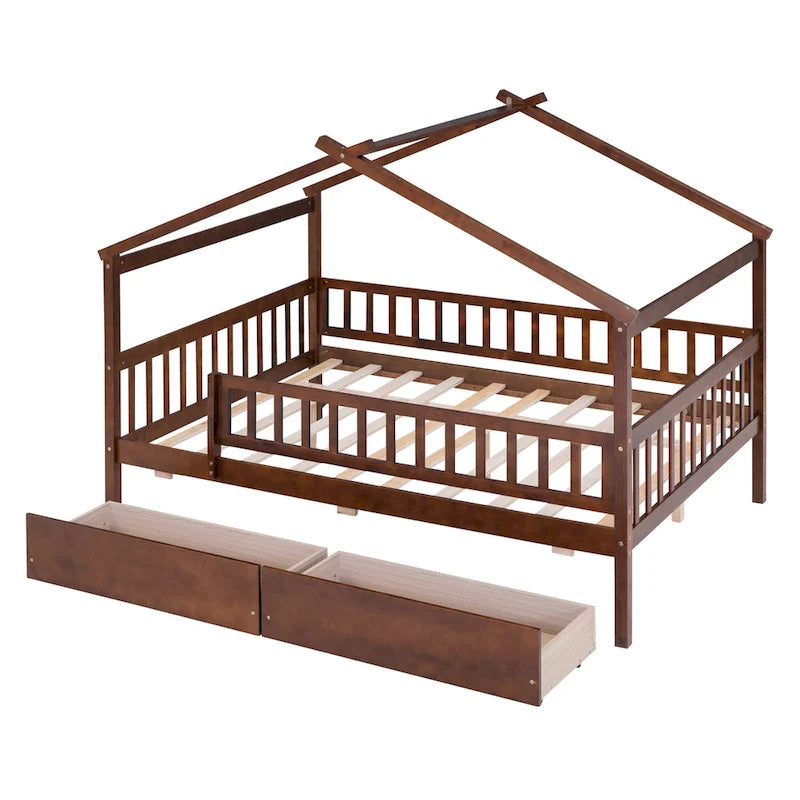 Lit plateforme pour enfants, taille standard, en forme de maison, avec 2 tiroirs, Noyer/Gris/Blanc/Naturel, pour 1 enfant