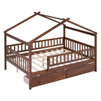 Lit plateforme pour enfants, taille standard, en forme de maison, avec 2 tiroirs, Noyer/Gris/Blanc/Naturel, pour 1 enfant
