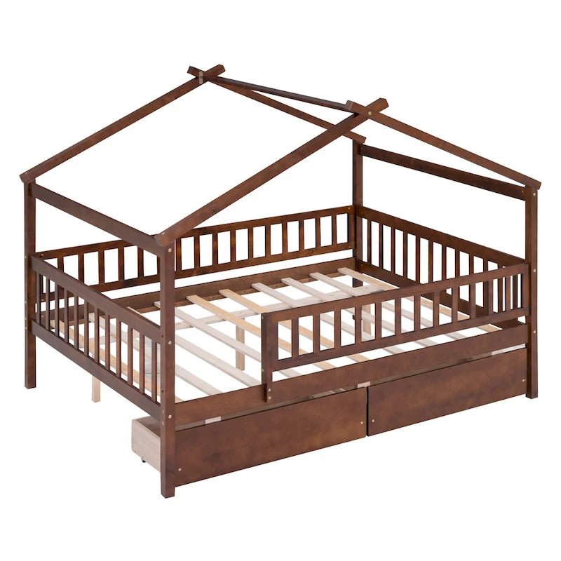 Lit plateforme pour enfants, taille standard, en forme de maison, avec 2 tiroirs, Noyer/Gris/Blanc/Naturel, pour 1 enfant