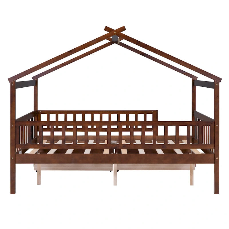 Lit plateforme pour enfants, taille standard, en forme de maison, avec 2 tiroirs, Noyer/Gris/Blanc/Naturel, pour 1 enfant