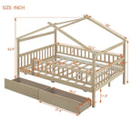 Lit plateforme pour enfants, taille standard, en forme de maison, avec 2 tiroirs, Noyer/Gris/Blanc/Naturel, pour 1 enfant