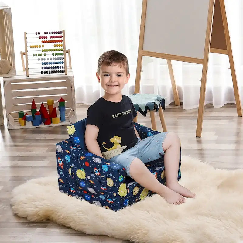 Canapé et fauteuil pour enfants convertibles, sur le thème de l'espace, rose/bleu, 2-en-1, 3-6 ans