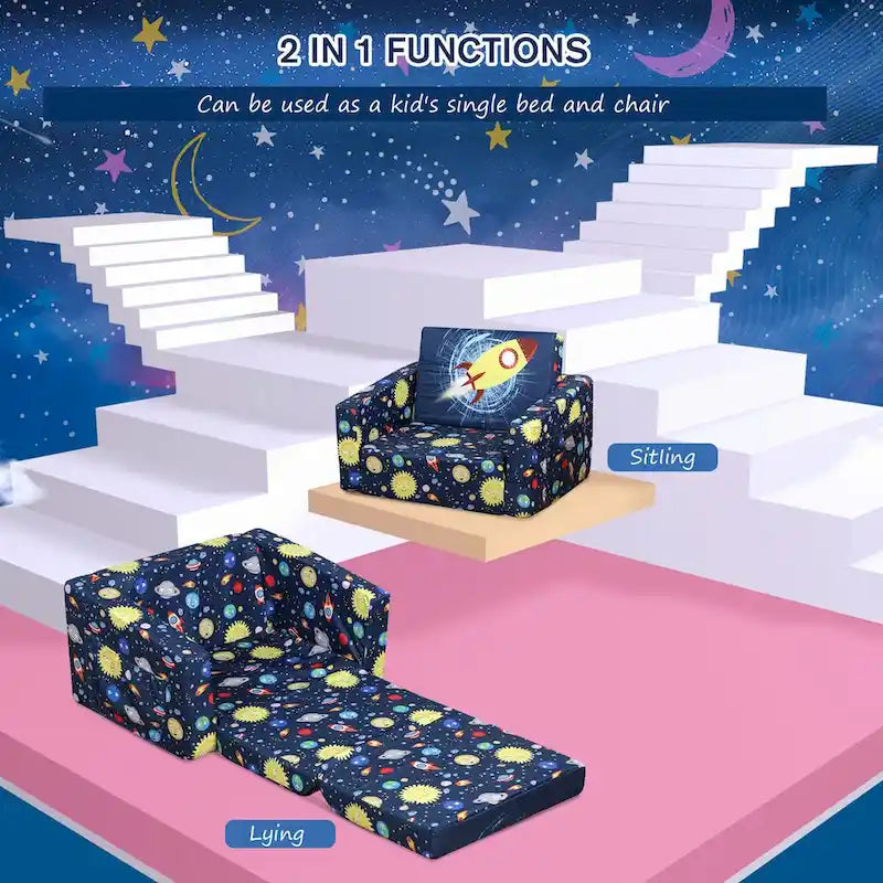 Canapé et fauteuil pour enfants convertibles, sur le thème de l'espace, rose/bleu, 2-en-1, 3-6 ans