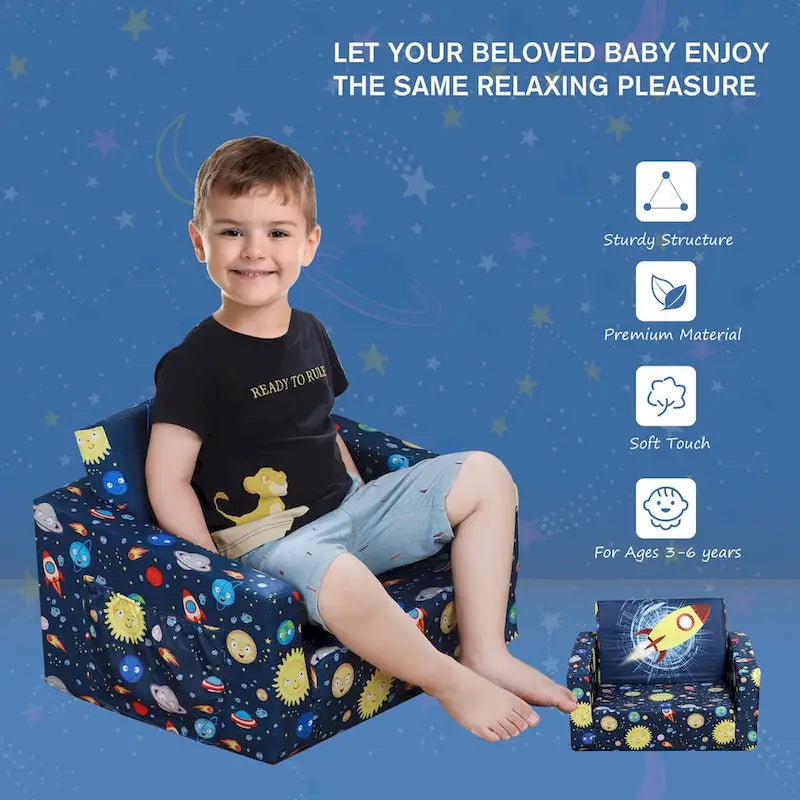 Canapé et fauteuil pour enfants convertibles, sur le thème de l'espace, rose/bleu, 2-en-1, 3-6 ans