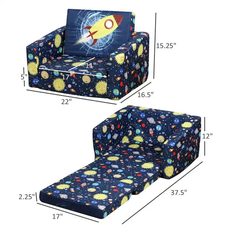 Canapé et fauteuil pour enfants convertibles, sur le thème de l'espace, rose/bleu, 2-en-1, 3-6 ans
