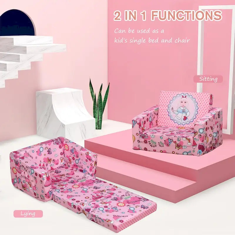 Canapé et fauteuil pour enfants convertibles, sur le thème de l'espace, rose/bleu, 2-en-1, 3-6 ans
