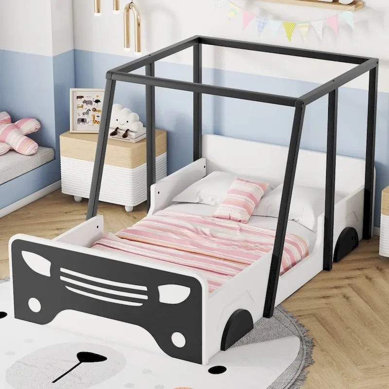 Lit jumeau en bois noir/gris en forme de voiture avec toit, roues et porte – 1 personne
