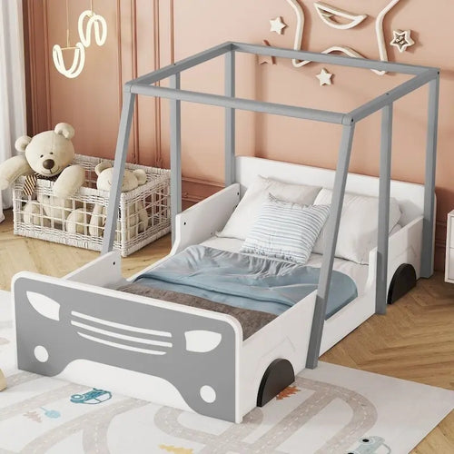 Twin Size Car-shaped Bed with Roof,Wooden Twin Floor Bed with wheels and door Design