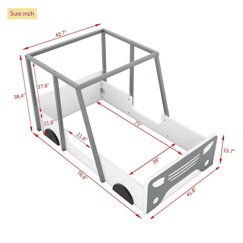 Lit jumeau en bois noir/gris en forme de voiture avec toit, roues et porte – 1 personne