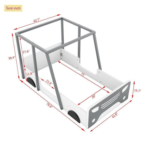 Lit jumeau en bois noir/gris en forme de voiture avec toit, roues et porte – 1 personne