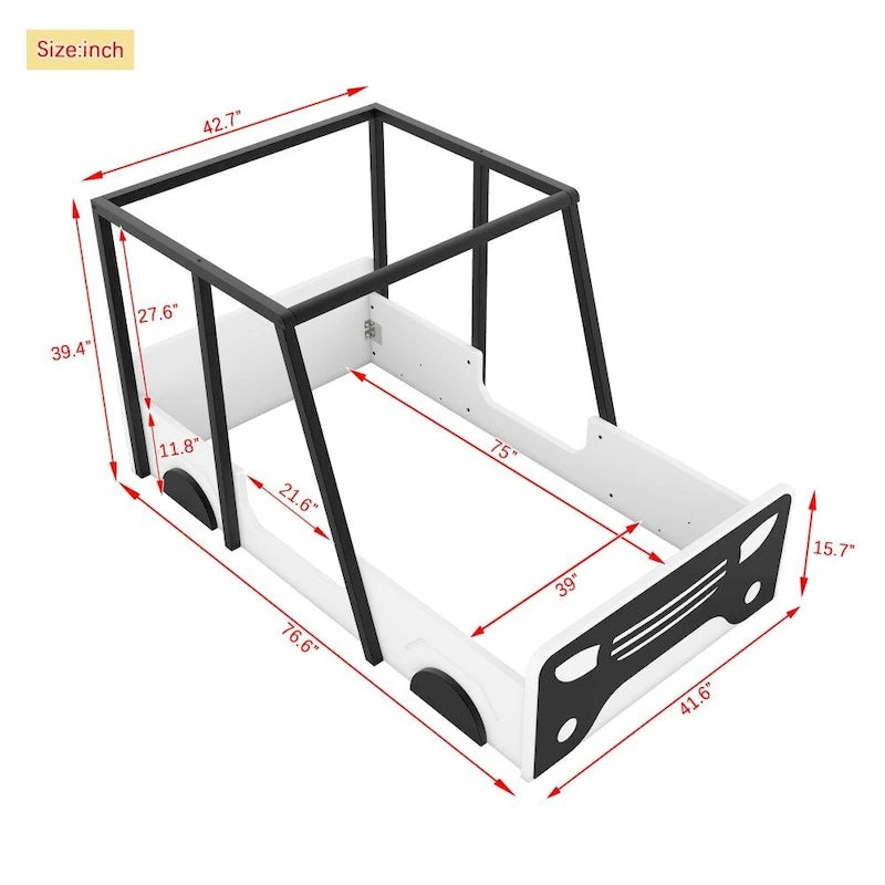 Lit jumeau en bois noir/gris en forme de voiture avec toit, roues et porte – 1 personne