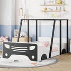 Lit jumeau en bois noir/gris en forme de voiture avec toit, roues et porte – 1 personne