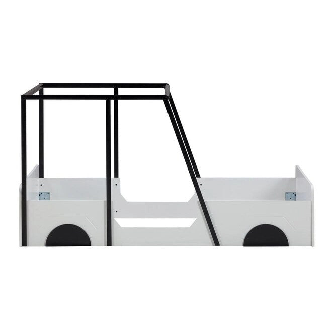 Lit jumeau en bois noir/gris en forme de voiture avec toit, roues et porte – 1 personne