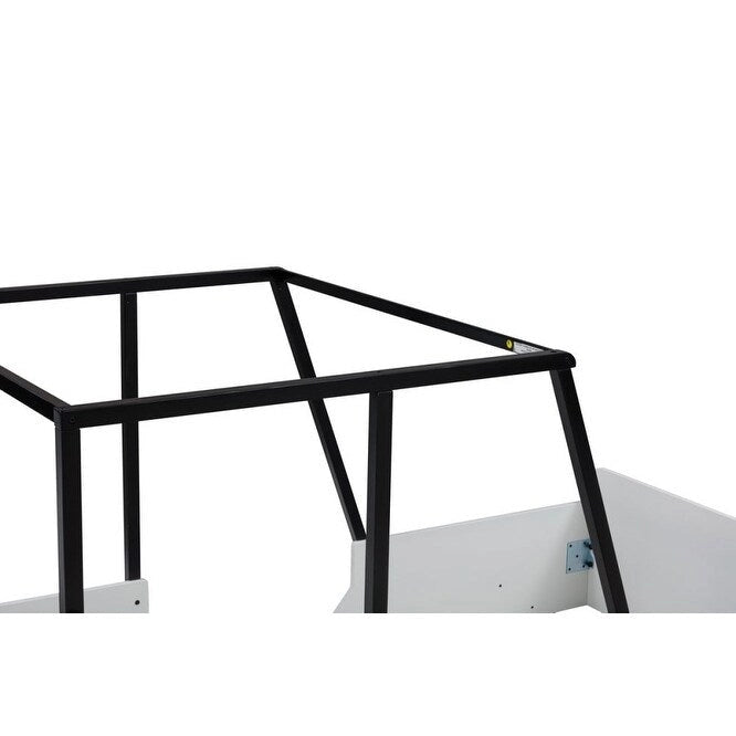 Lit jumeau en bois noir/gris en forme de voiture avec toit, roues et porte – 1 personne