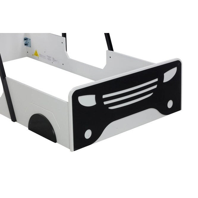 Lit jumeau en bois noir/gris en forme de voiture avec toit, roues et porte – 1 personne