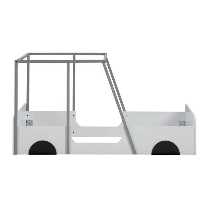 Lit jumeau en bois noir/gris en forme de voiture avec toit, roues et porte – 1 personne