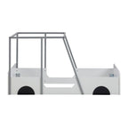 Lit jumeau en bois noir/gris en forme de voiture avec toit, roues et porte – 1 personne