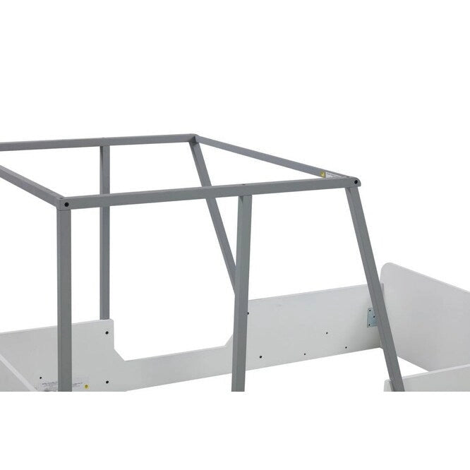 Lit jumeau en bois noir/gris en forme de voiture avec toit, roues et porte – 1 personne
