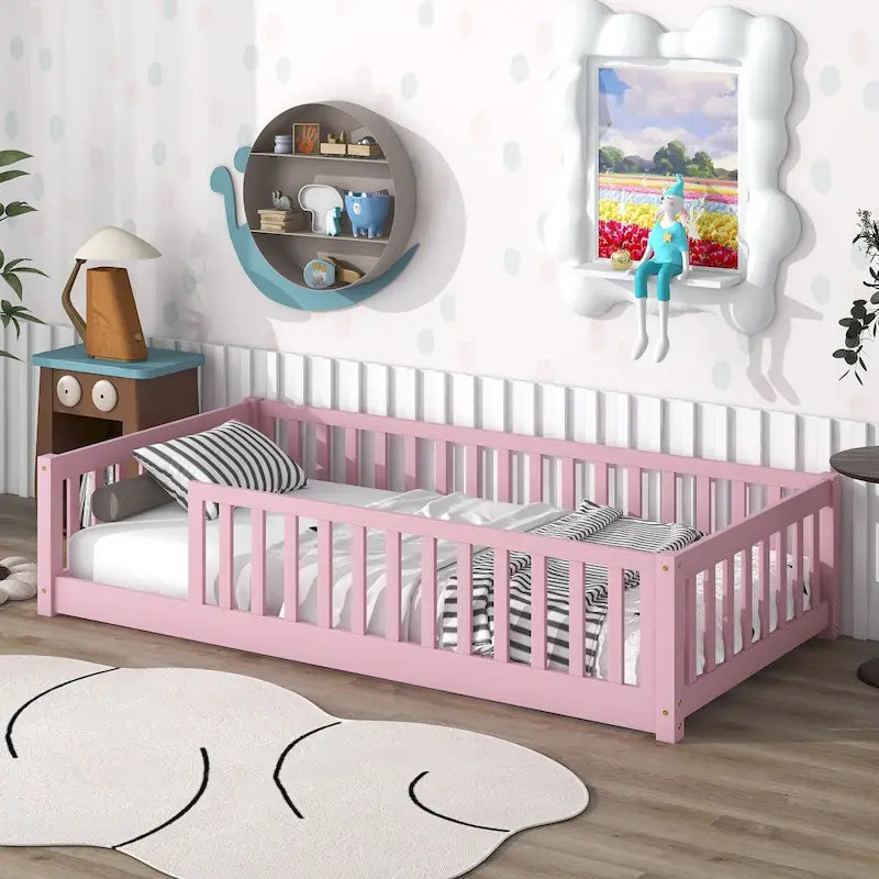 Lit Plateforme Jumeau Naturel/Rose avec Clôture, Sans Porte, 1 Place