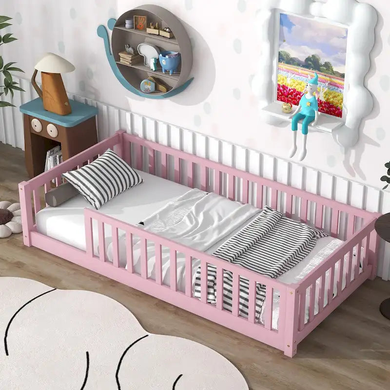 Lit Plateforme Jumeau Naturel/Rose avec Clôture, Sans Porte, 1 Place