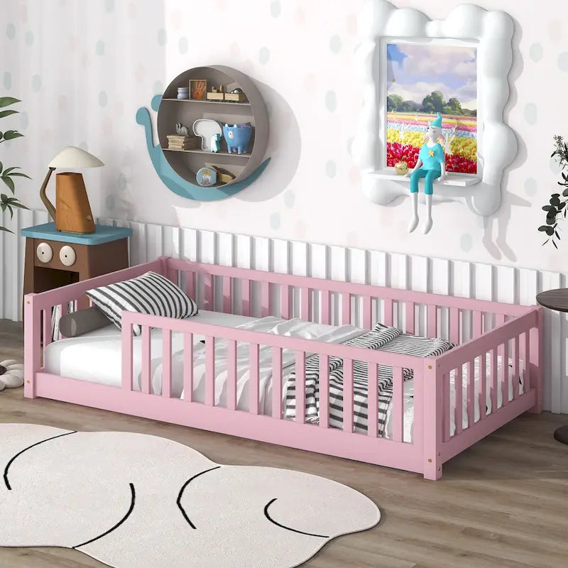 Lit Plateforme Jumeau Naturel/Rose avec Clôture, Sans Porte, 1 Place