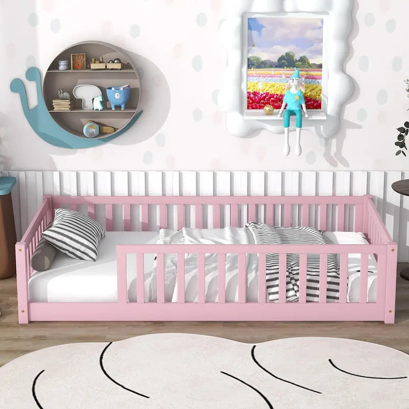 Lit Plateforme Jumeau Naturel/Rose avec Clôture, Sans Porte, 1 Place