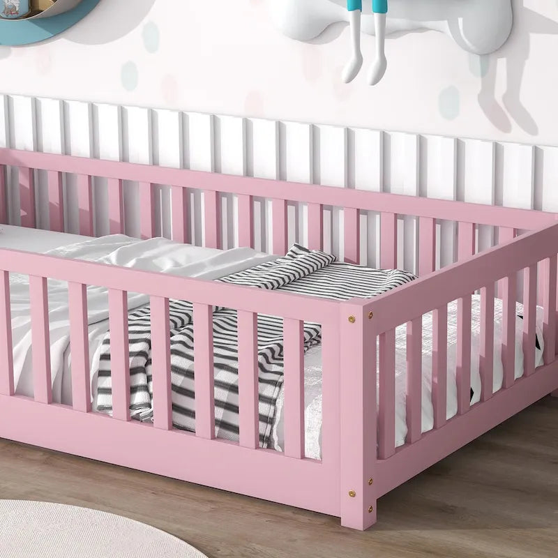 Lit Plateforme Jumeau Naturel/Rose avec Clôture, Sans Porte, 1 Place