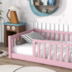 Lit Plateforme Jumeau Naturel/Rose avec Clôture, Sans Porte, 1 Place