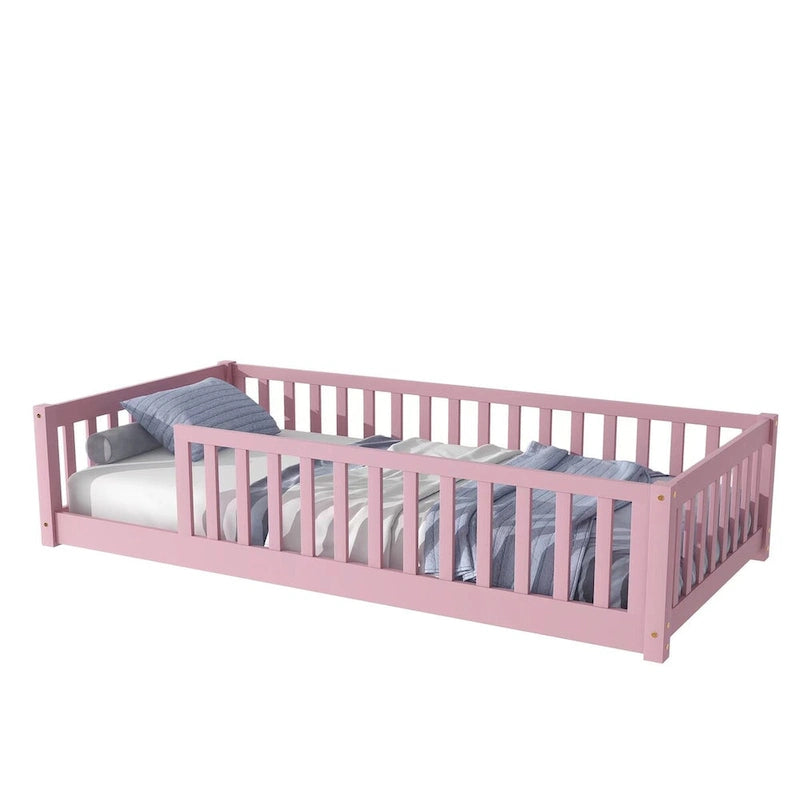 Lit Plateforme Jumeau Naturel/Rose avec Clôture, Sans Porte, 1 Place