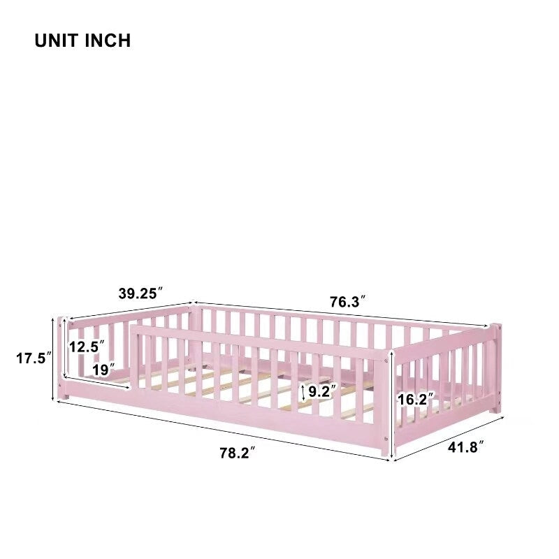 Lit Plateforme Jumeau Naturel/Rose avec Clôture, Sans Porte, 1 Place