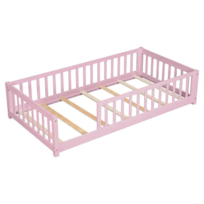 Lit Plateforme Jumeau Naturel/Rose avec Clôture, Sans Porte, 1 Place
