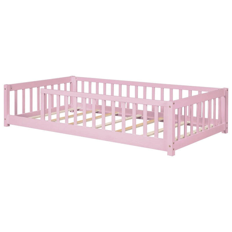 Lit Plateforme Jumeau Naturel/Rose avec Clôture, Sans Porte, 1 Place