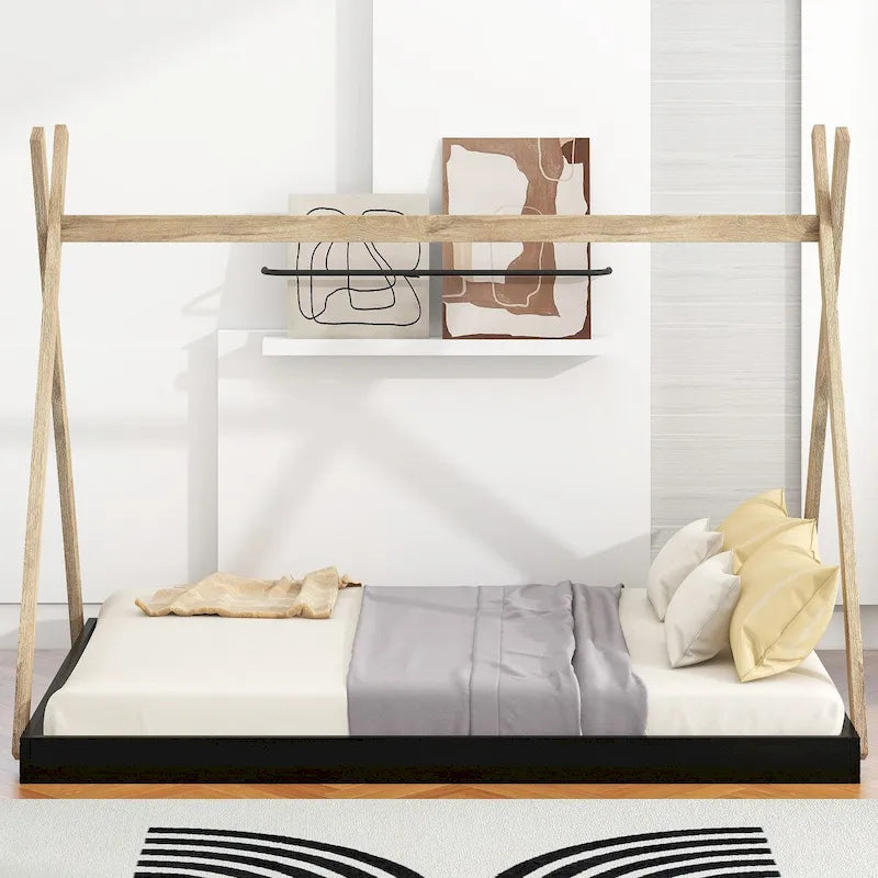 Tente en bois triangulaire avec matelas de sol, grand lit double, 1 personne – Blanc / Noir+Marron / Naturel