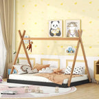 Tente en bois triangulaire avec matelas de sol, grand lit double, 1 personne – Blanc / Noir+Marron / Naturel