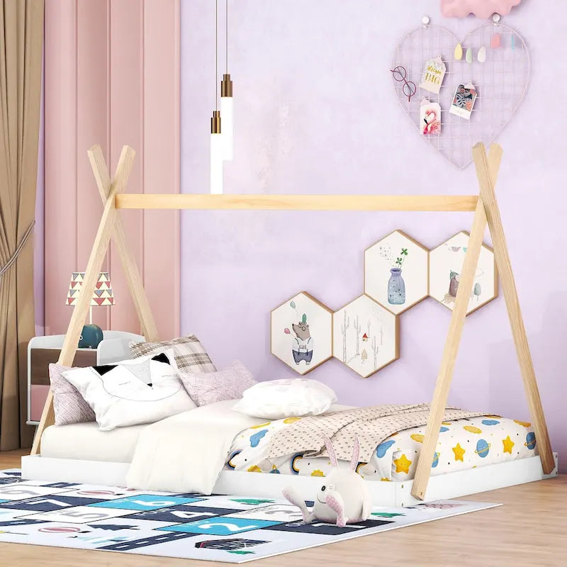 Tente en bois triangulaire avec matelas de sol, grand lit double, 1 personne – Blanc / Noir+Marron / Naturel