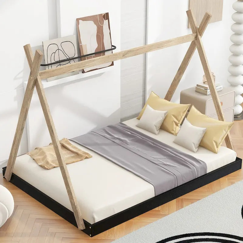 Tente en bois triangulaire avec matelas de sol, grand lit double, 1 personne – Blanc / Noir+Marron / Naturel