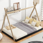 Tente en bois triangulaire avec matelas de sol, grand lit double, 1 personne – Blanc / Noir+Marron / Naturel