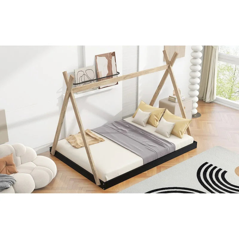 Tente en bois triangulaire avec matelas de sol, grand lit double, 1 personne – Blanc / Noir+Marron / Naturel