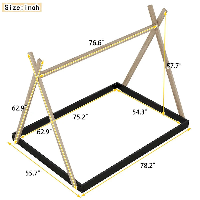Tente en bois triangulaire avec matelas de sol, grand lit double, 1 personne – Blanc / Noir+Marron / Naturel