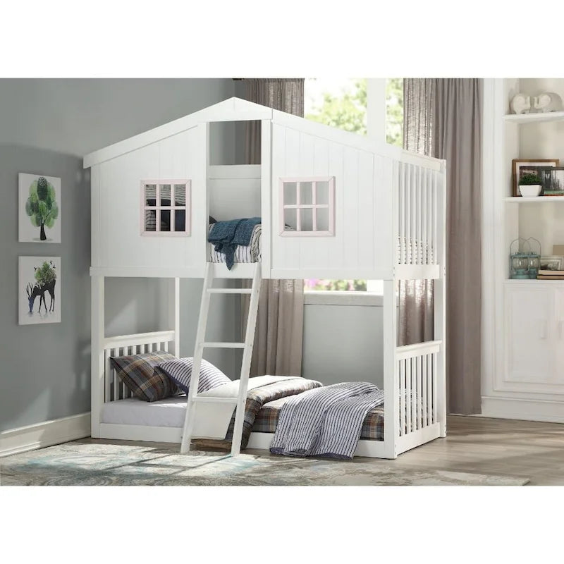Twin Over Twin Bunk Bed with House Shape, White