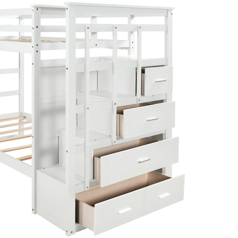 Lit superposé double en bois massif avec lit gigogne et escalier