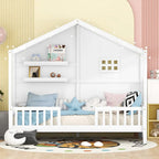 Lit cabane double blanc avec étagères, fenêtre et bande LED – 1 personne