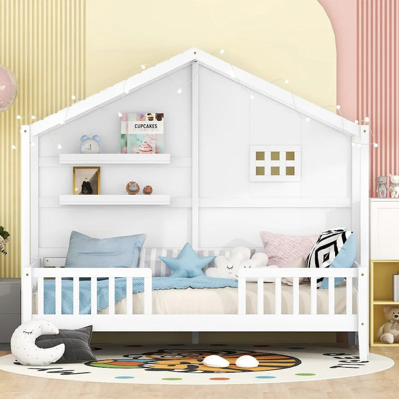 Lit cabane double blanc avec étagères, fenêtre et bande LED – 1 personne