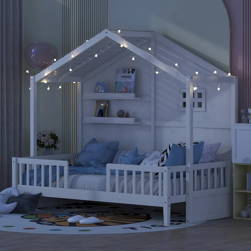 Lit cabane double blanc avec étagères, fenêtre et bande LED – 1 personne