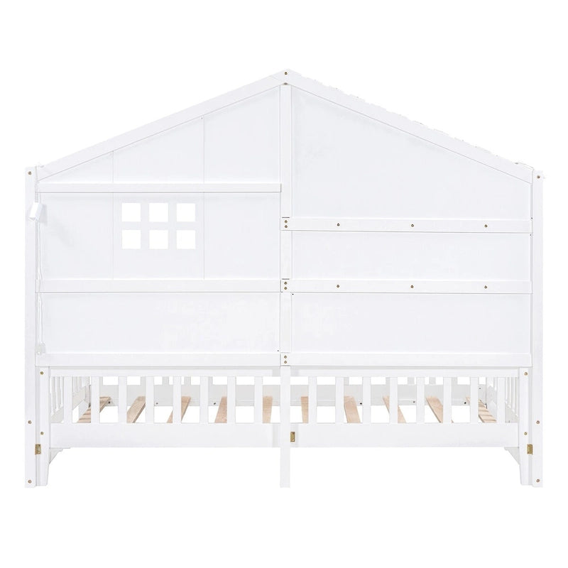 Lit cabane double blanc avec étagères, fenêtre et bande LED – 1 personne