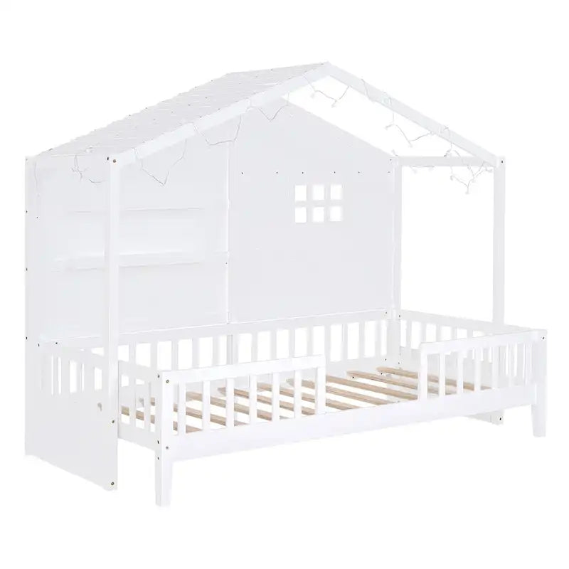Lit cabane double blanc avec étagères, fenêtre et bande LED – 1 personne